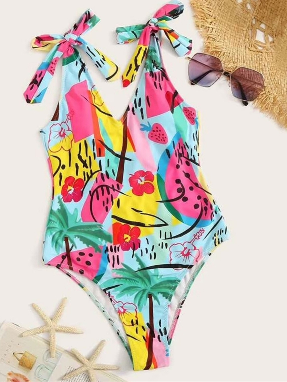 💰Tropical Tie-Shoulder One-Piece Swimsuit - Multicolor